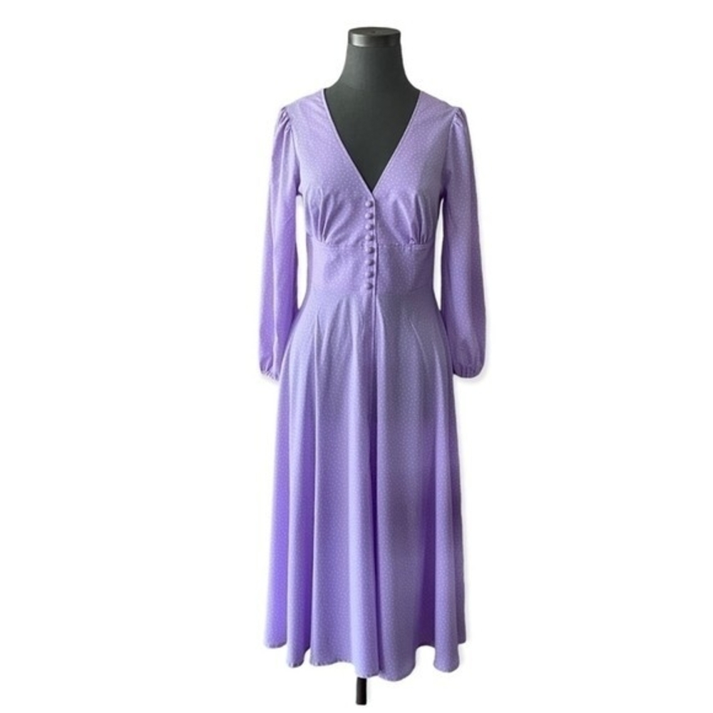 Lilac White Dot Fit Flare Maxi Dress L V-Neck Long Sleeve Prom Cocktail EXC - Picture 4 of 10